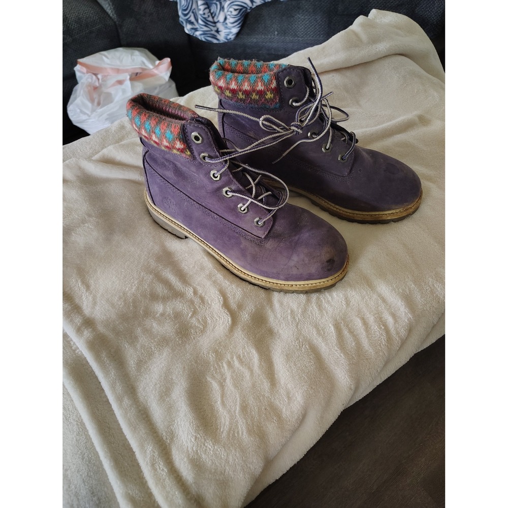 Timberland Purple Suede 6 Inch Waterproof Boots Fair Isle Knit Collar 9595R W